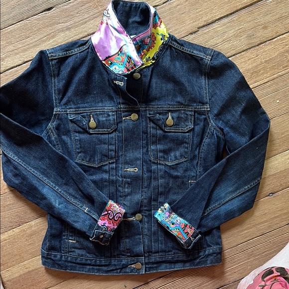 Jackets & Blazers - Denim Jacket with Pink Paisley Accents